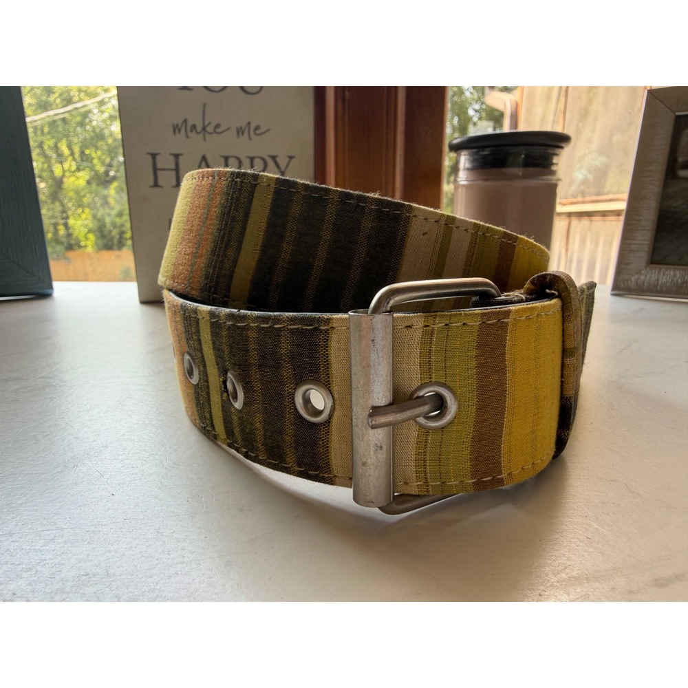 Vintage Multi Color Striped Wide Fabric Belt Yellow Green Orange Size 10